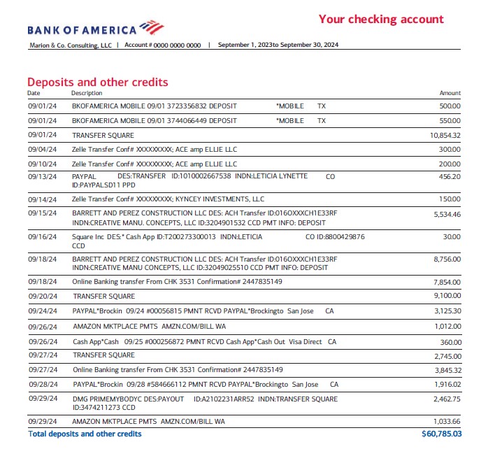 Bank of America September 2024 Business Bank Statement Template
